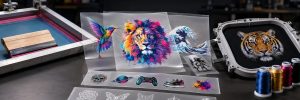Pantalla de serigrafía, planchas de transfers DTF a todo color y bastidor de bordado con hilos, sobre la mesa de un taller textil