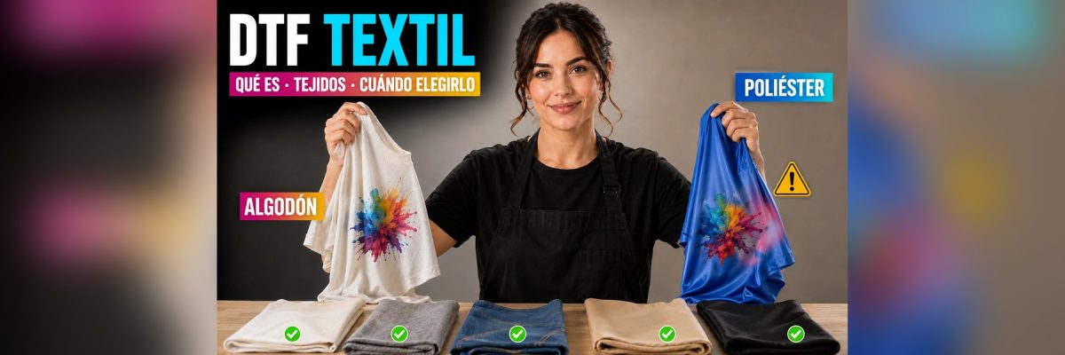 Comparativa de DTF sobre algodón y sobre poliéster: la camiseta de algodón conserva el color del diseño y la de poliéster azul muestra migración del colorante, con una fila de tejidos compatibles debajo