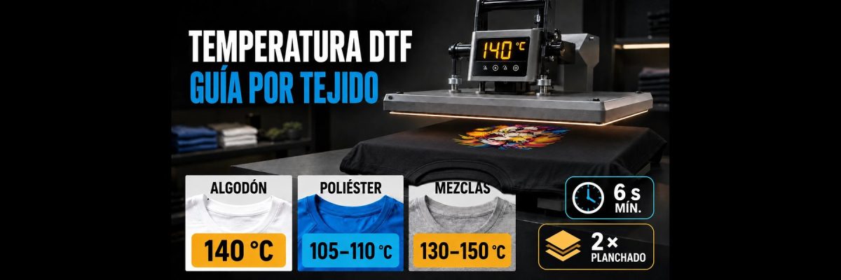 Prensa de calor a 140 grados sobre una camiseta negra, con las temperaturas de planchado del DTF por tejido: algodón 140 °C, poliéster 105-110 °C y mezclas 130-150 °C, mínimo 6 segundos y doble planchado