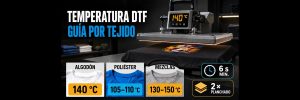 Prensa de calor a 140 grados sobre una camiseta negra, con las temperaturas de planchado del DTF por tejido: algodón 140 °C, poliéster 105-110 °C y mezclas 130-150 °C, mínimo 6 segundos y doble planchado